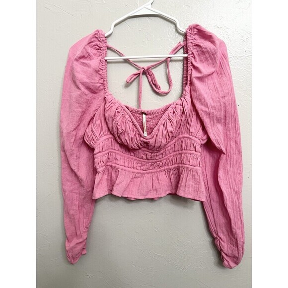 Free People Chloe Top Long Sleeve Wired Sweetheart Neckline Smocked Pink Small - Picture 4 of 10